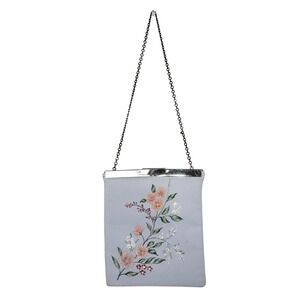 Laura Ashley Silk Floral Embroidered Evening Bag Purse‎ Silver Frame Chain VTG